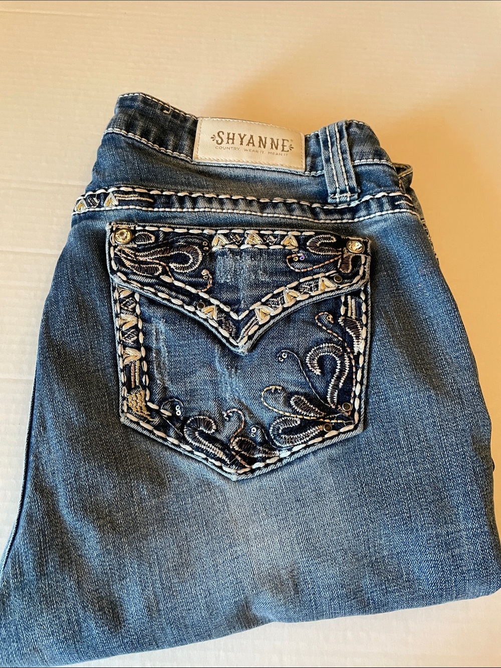Shyanne Blue Denim Jeans with Lots of Bling and Contrast Stitching